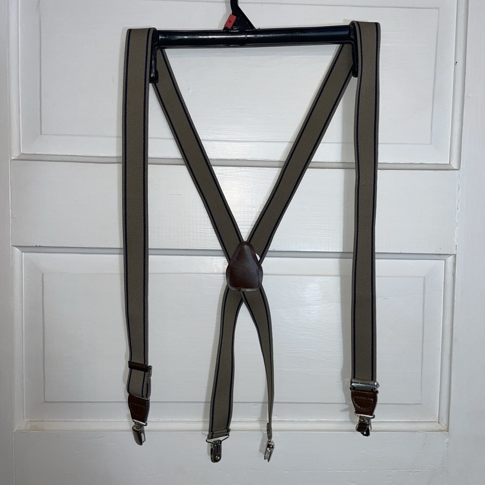 Pelican Suspenders Clip On Double Strap Back & Front Taupe with Dark Blue Stripe